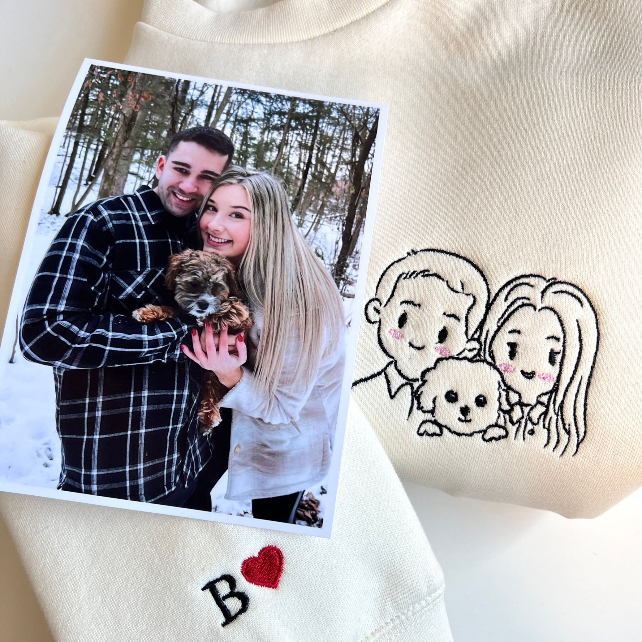 Custom Line Art Portrait From Photo Embroidered Couple Hoodie